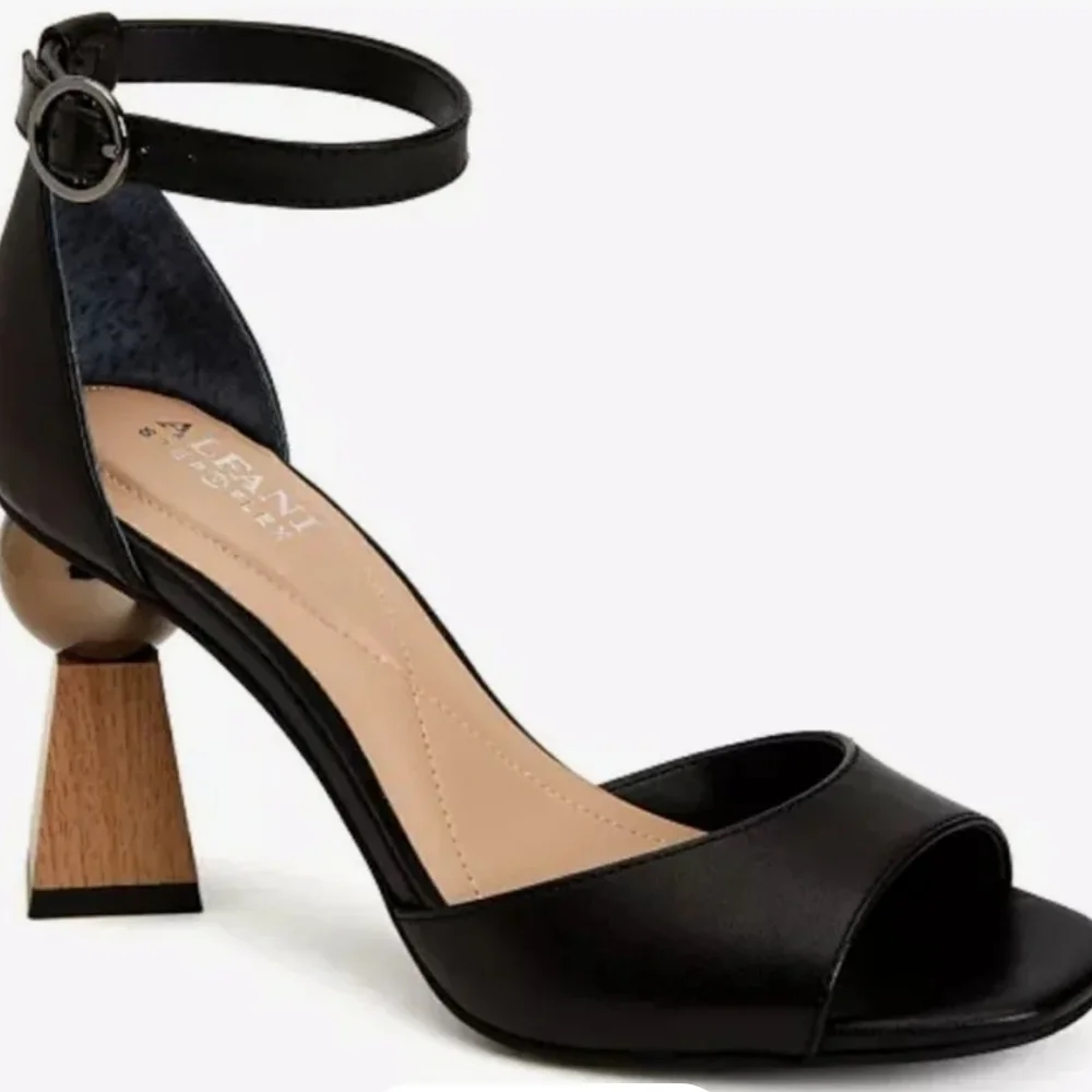Alfani Black Leather Open-Toe Ankle-Strap Heels with Wood-Tone Block Heel